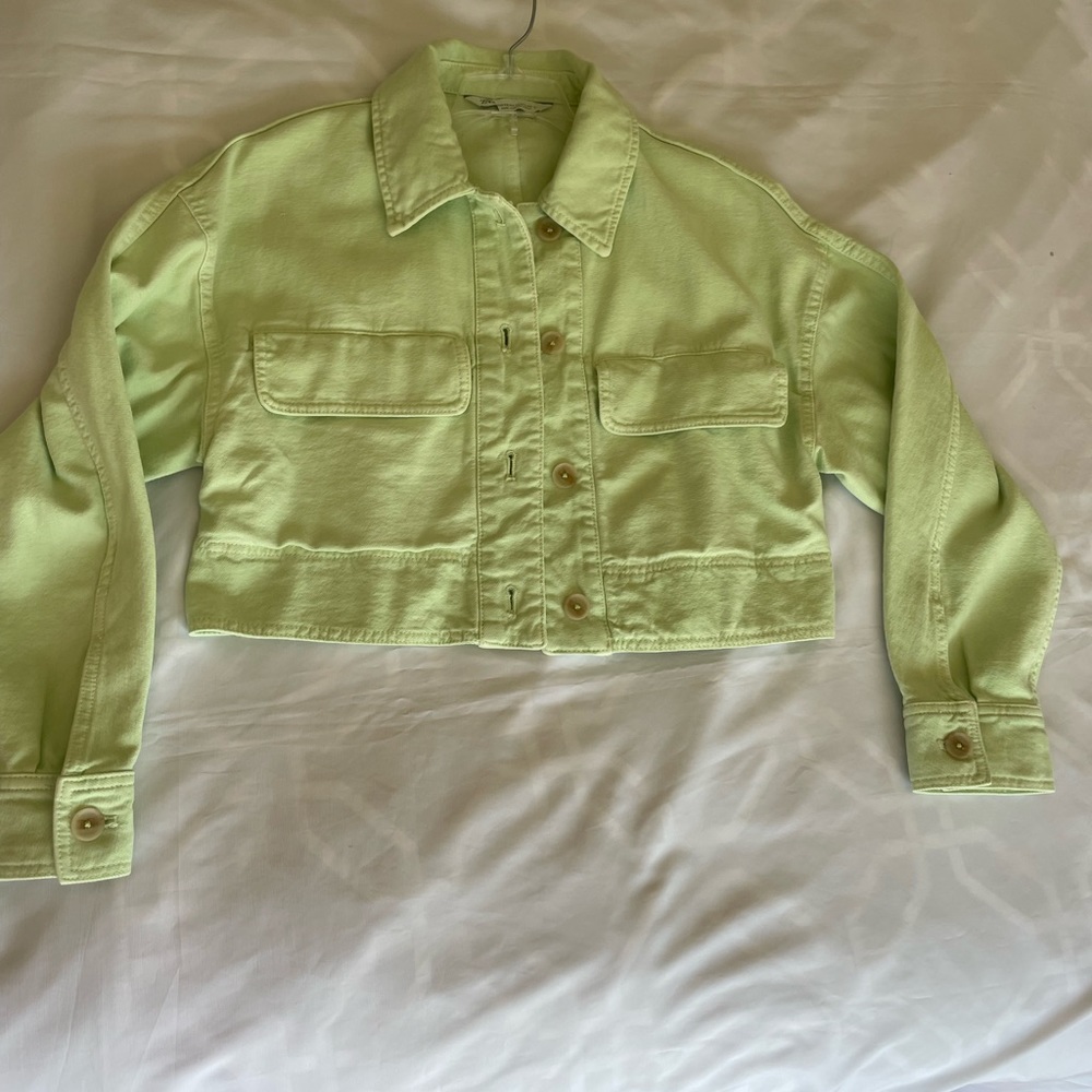 - Zara pastel green cropped oversized denim jacket